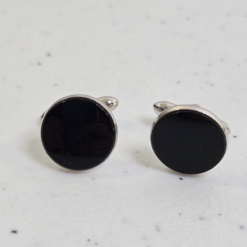 Swank Cufflinks Black Enamel Circle Silver Tone Shiny Black Onyx Bar